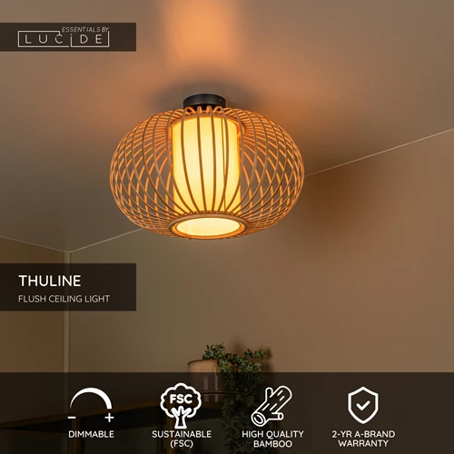 Lucide THULINE - Flush ceiling light - Ø 45 cm - 1xE27 - Light Wood Look - Essential - USP